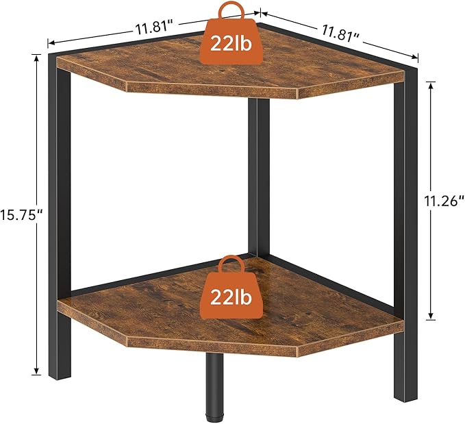 Creso hom Corner Shelf Stand, 2 Tier Industrial Corner Bookshelf, Multipurpose Standing Corner Display Shelf Countertop Organizer for Living Room Kitchen Bedroom Office, Rustic Brown