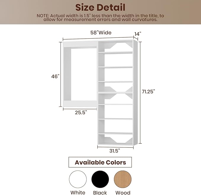 ROOMTEC Modular Closet System, 58" Wall-Mounted Closet Organizer with Hanging Rods and Shelves, Wooden Tower for Walk-In Closets, Wardrobe Storage Kit, White