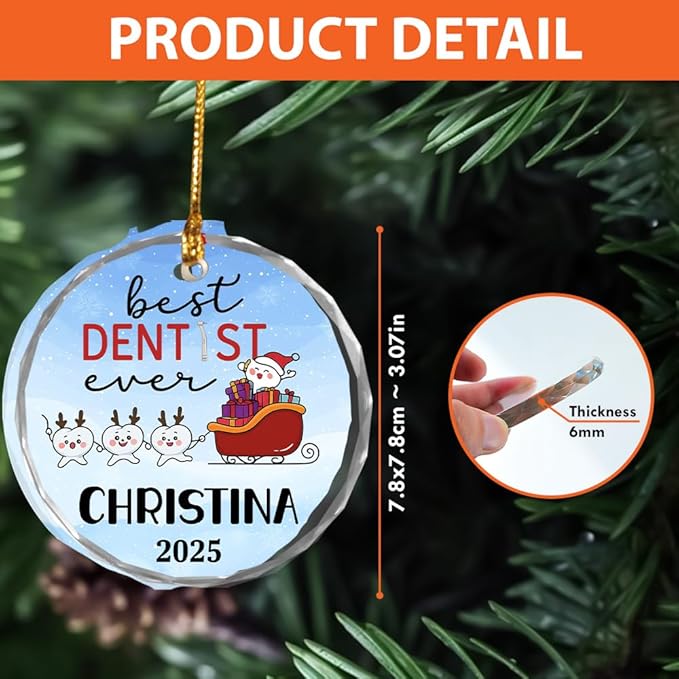 BSQUIELE Personalized Best Dentist Ever Glass Ornament 2025 - Custom Name Orthodontist Keepsake - Gift for Dental Assistant Hygienist - Unique Xmas Tree Hanging Decoration for Dental Professionals