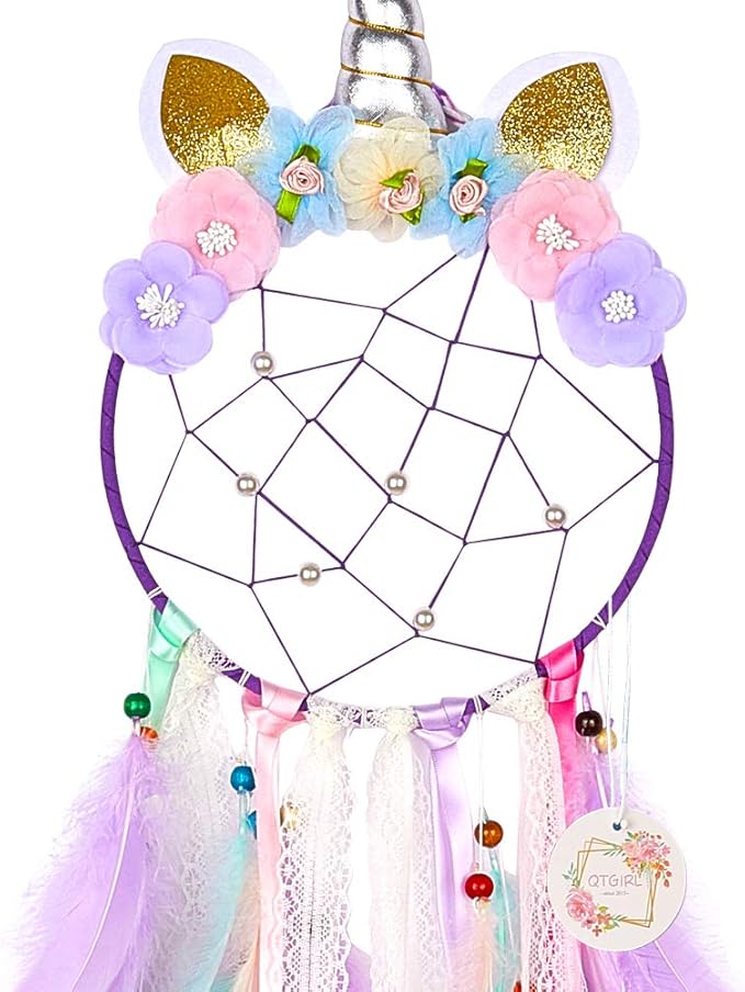 QtGirl Dream Catchers for Kids Unicorn Wall Decor for Girls Bedroom Flower Feather Wall Hanging Decoration