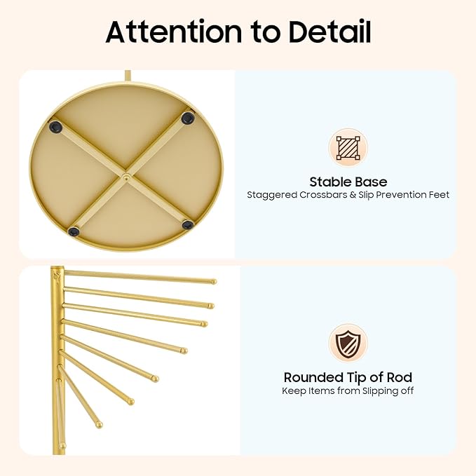 Freestanding Scarf Display Rack, Metal Spiral Scarf Holder with 30 Rods, Hijab Stand Belt Pants Hanger Organizer for Locker Room, Home, Office, Commercial Shopping Mall, Clothing Store (17X67in Gold)