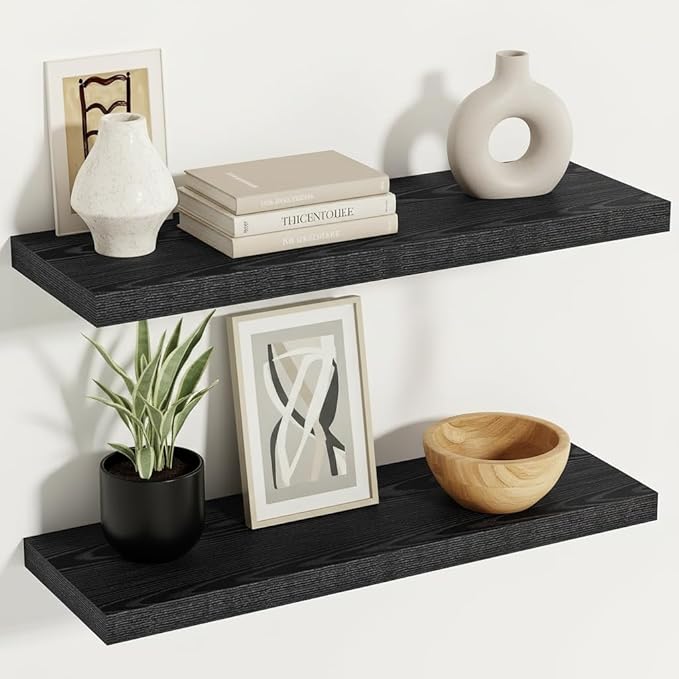Vivelove Black Floating Shelves 24 Inches Wide, 12" Deep Wall Shelves for Bedroom, Bathroom, Living Room, Kitchen, Office, Rustic Home Decor Shelf with Invisible Brackets, 23.6X12X 1.5, Set of 2