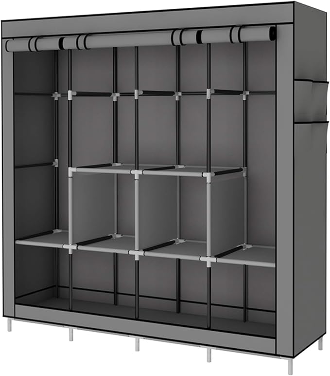 Portable Wardrobe Clothing Wardrobe Shelves Clothes Storage Organiser with 4 Hanging Rail,Grey