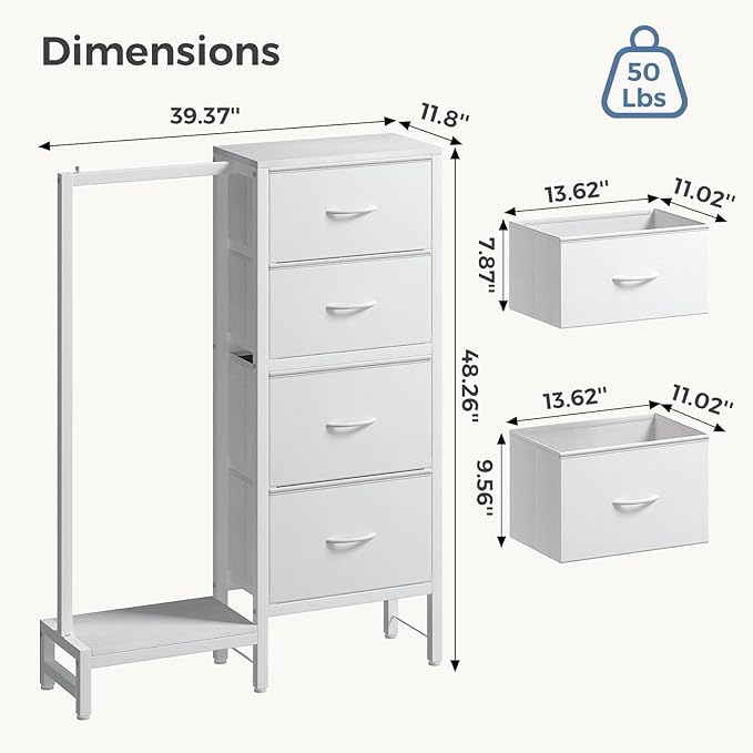 OLIXIS 4 in 1 Storage with Hanging Rack, Clothes Rack Shoes Rack, Bag Hook, Tall Storage Tower, Sturdy Frame for Bedroom Entryway Living Room White