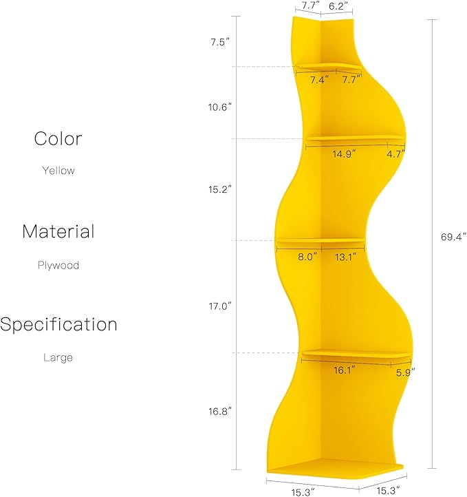 YOWOS Modern Corner Shelf, 5 Tier High Corner Bookshelf for Small Spaces, Scalloped Corner Bookshelf and Storage, Wooden Display Stand for Plants, Books and Decorations (Yellow)
