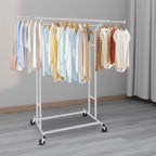 Silver Heavy Duty Double Rod Garment Rack for Hanging Clothes Chrome, Commercial Rolling Clothes Organizer Commercial Metal with Lockable Wheels Mobile for Coats Dresses