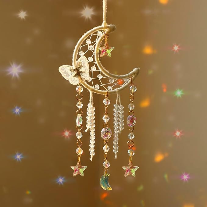 Artilady Dream Catcher for Girls - White Butterfly Small Moon Dream Catchers with Crystals Cute Room Decor for Teen Girls Boys Boho Bedroom Wall Home Decorations Birthday Christmas Women Gifts