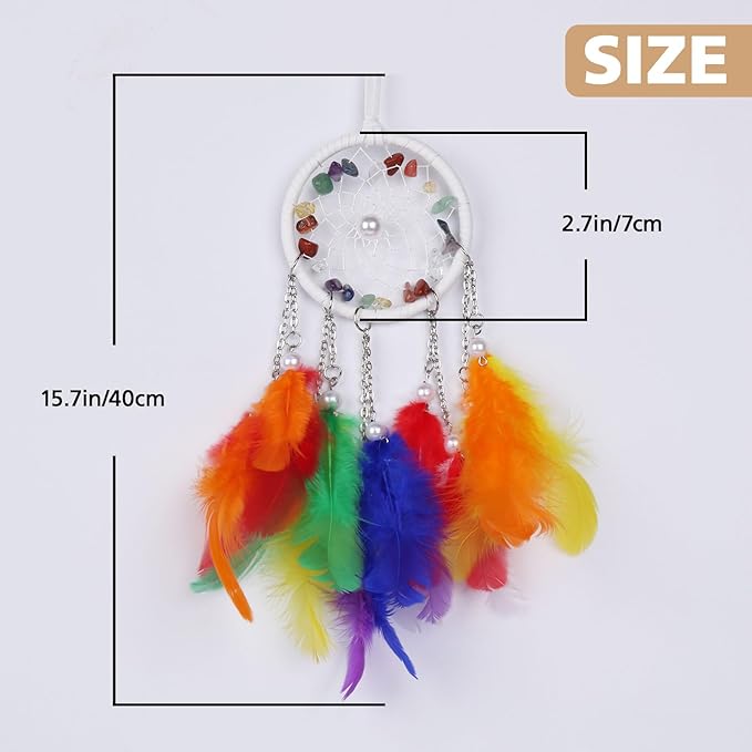 Pretty Jolly Crystal Stone Small Dream Catchers Rainbow Feathers Mini Dreamcatchers with Beads for Cars Rear View Mirror Hanging Decoration Good Luck Travel Charm Bedroom Ornaments for Women Girls