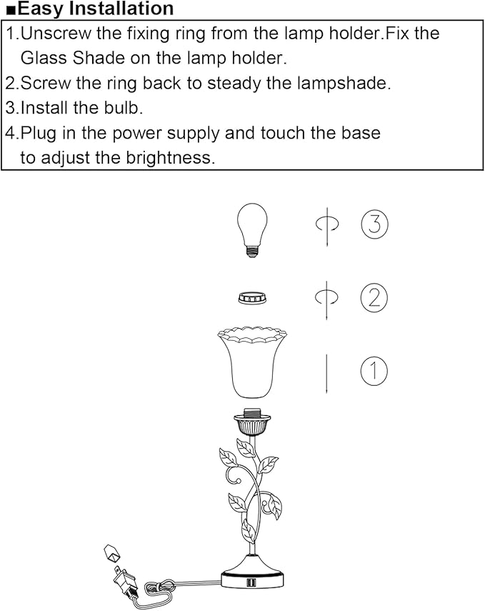 Touch Leaf Bedside Table Lamp with 2 USB Ports Nightstand Lamps | 3-Way Dimmable Vintage Lamps White Glass Shade Vintage Rural Leaf Lamp for Living Room Bedroom Side Table, LED Bulb Included