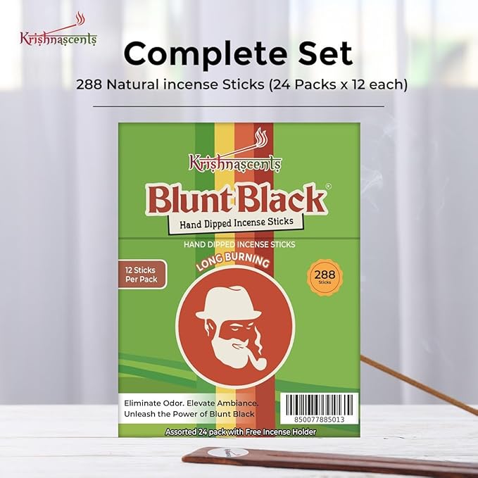 Blunt Black Hand-Dipped Incense Sticks | Premium 24 Assorted Packs - 288 Sticks, 11" Long | Aromatherapy with Long Burn Time | Free Wooden Stick Holder (Scents May Vary)