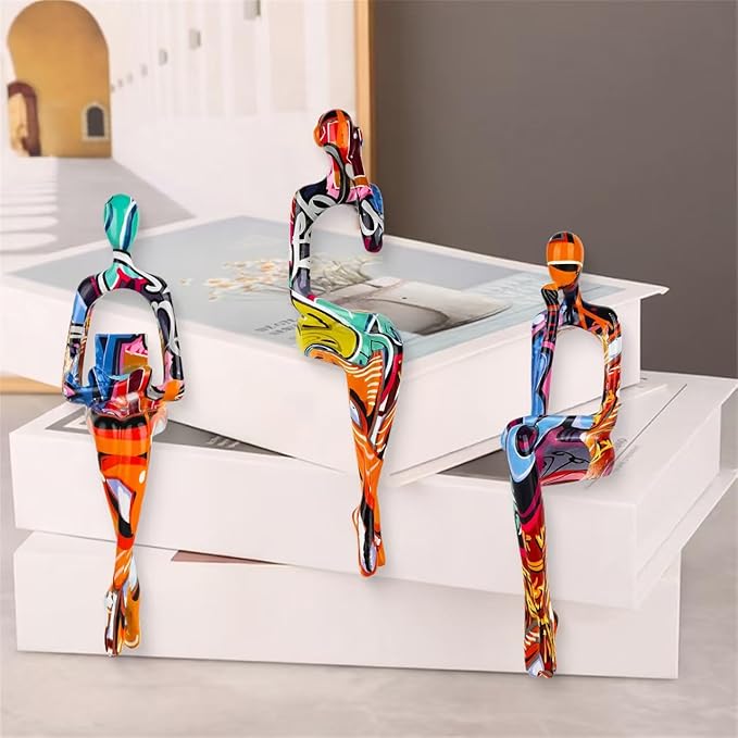 3-Piece Graffiti Abstract Women Thinker Sculptures, Colorful Resin Modern Art Figurines for Home Living Room Office Shelf Table Desk Bookshelf Decor