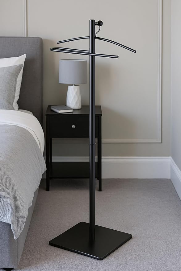 Proman Products VL17241 Kumo Freestanding Metal Valet Stand Organizer with Removable Hanger, Trouser Bar, Black, 11.5" W x 11.5" D x 41" H