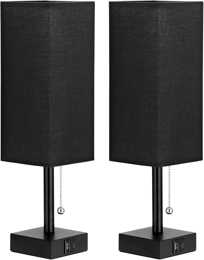 Bedside Table Lamps Set of 2 - Black Bedroom Lamps with 3 Color Temperatures (3000K/5000K/4000K), Two Square Nightstand Lamps with USB C + A Charging Ports, Pull Chain Small Night Light for End Table