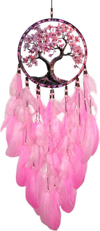 Dream Catcher Wall Hanging Decor for Bedroom Aesthetic, Handmade Traditional Wall Art with Feathers for Living Room, Nursery, Good Vibes Gift for Women,Girls,Home Decoration Wedding Party (Pink Tree)