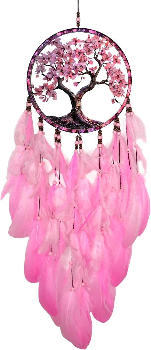 Dream Catcher Wall Hanging Decor for Bedroom Aesthetic, Handmade Traditional Wall Art with Feathers for Living Room, Nursery, Good Vibes Gift for Women,Girls,Home Decoration Wedding Party (Pink Tree)