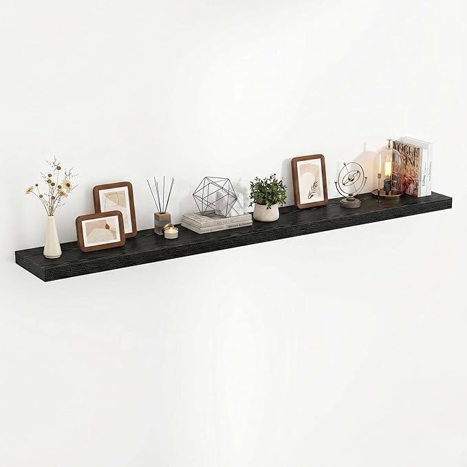 Acovy 72 Inch Floating Shelves, 3D Textured Wood Grain, 72"x9.25"x1.5" Inch Deep Floating Shelves for Wall, Wooden Shelves for Bathroom, Bedroom, Living Room, Black, 1 Piece