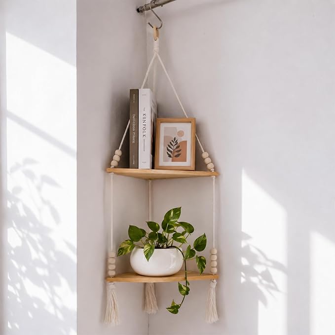 Artilady Macrame Wall Hanging Corner Shelf 2-Tier, Adjustable Boho Stable Shelves Display for Indoor Plants Candle Holder, Rustic Bedroom Living Room Home Decor (Beige 2-Tier)