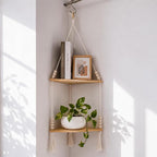 Artilady Macrame Wall Hanging Corner Shelf 2-Tier, Adjustable Boho Stable Shelves Display for Indoor Plants Candle Holder, Rustic Bedroom Living Room Home Decor (Beige 2-Tier)