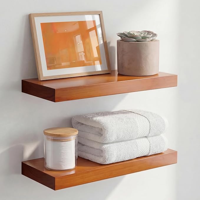 Homeforia 16 inch Oak Floating Shelf, High End Solid Real Wood 16inch Small Floating Shelves for Wall Mounted, Honey Oak Wooden 16in Floating Shelves, Heavy Duty Bracket, 16 X 6.5 X 1.75 in, Set of 3