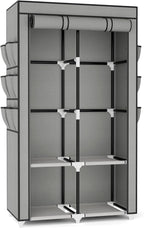 VTRIN Portable Closet Wardrobe for Hanging Clothes with 4 Storage Shelves, 2 Hanging Rods and 6 Pockets, Stable and Easy Assembly Clothes Rack with Cover Free Standing Closet for Bedroom, Grey