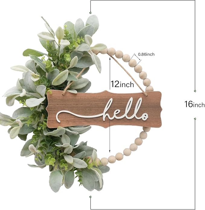Green Wreath for Front Door, Wood Bead Wreaths with Artificial Lambs Ears Leaves, Hello and Welcome Door Sign Wreath for Home Decor, Spring Summer Green Leaf for Wedding Decor