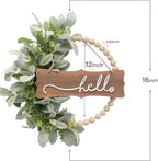 Green Wreath for Front Door, Wood Bead Wreaths with Artificial Lambs Ears Leaves, Hello and Welcome Door Sign Wreath for Home Decor, Spring Summer Green Leaf for Wedding Decor