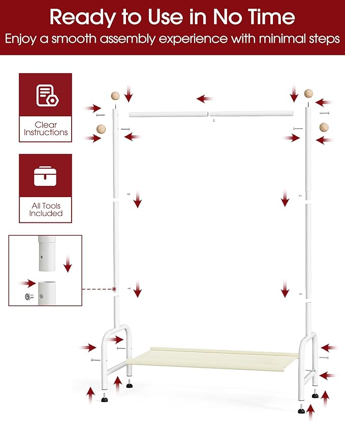 Clothes Rack - Sturdy Metal Kids Clothing Rack with Bottom Storage Shelf & Adjustable Feet, Dress Up Storage for Toddler's Bedrooms, Nurseries, Playrooms, 31" x 12.5" x 47.8", White