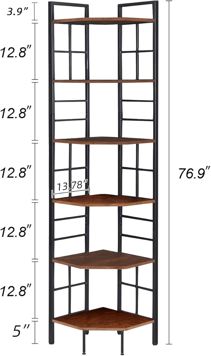 HOMISSUE Corner Shelf, 6 Tier Tall Narrow Bookshelf 76.9", Industrial Corner Bookcase with Storage for Home Office Living Room and Bedroom, Rustic Brown