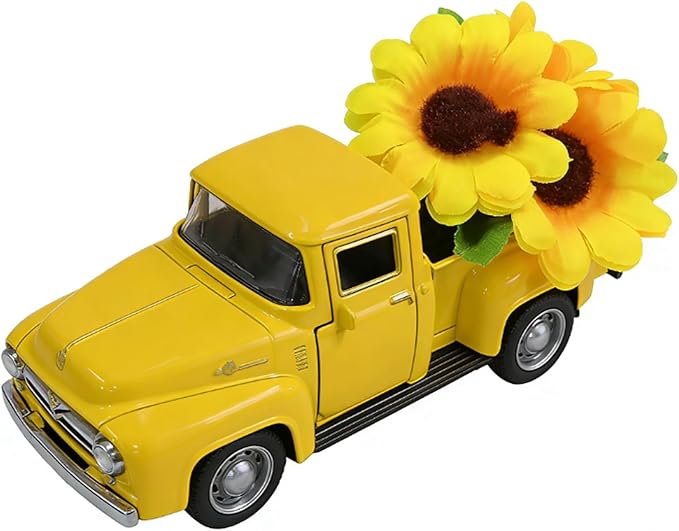 Vintage Truck with Artificial Flowers Farmhouses Tiered Tray Decors Table Centerpieces Minis Diecast Trucks Decorations Farm Pickup with Flower