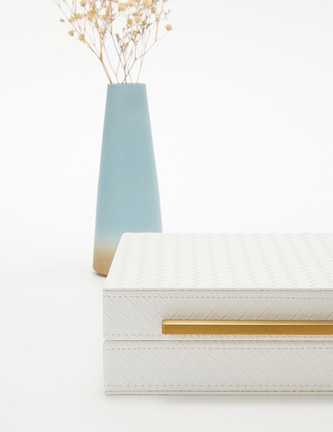 Kingflux White Wooden Keepsake Box With Faux Leather and Brushed Gold Handle, Gift and Storage Box for Vanity, Coffee Table, Shelf, Cosmetic, Jewelry Organizer