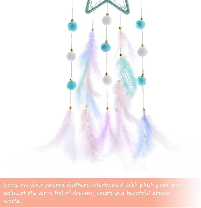 Pretty Jolly Green Star Kids Dream Catcher Wall Decor Pompom Feather Baby Dreamcatcher Handmade Children Dream Catcher Home Décor Wall Hanging for Nursery Bedroom Boys Girls Birthday Gift-25.6in