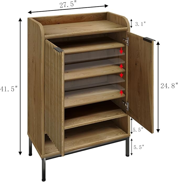 Modern Shoe Cabinet with Fluted Door,5-Tier Farmhouse Shoe Cabinet with 3 Adjustable Shelves,41.5'' Tall Wooden Shoe Rack Organizer Cabinet for Entryway, Hallway,Living Room,Natural