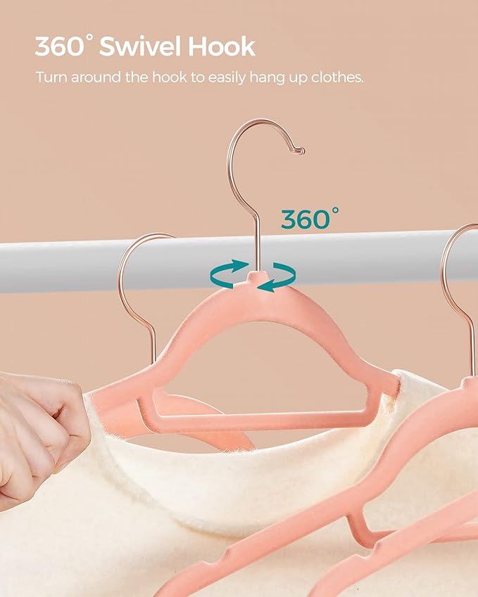 SONGMICS Velvet Hangers, Set of 30 Clothes Hanger with Rose Gold Swivel Hook, Non-Slip, and Space-Saving, 0.2-Inch Thick, 17.1-Inch Long for Coat, Shirt, Dress, Pants, Tie, Coral Pink UCRF21PK30
