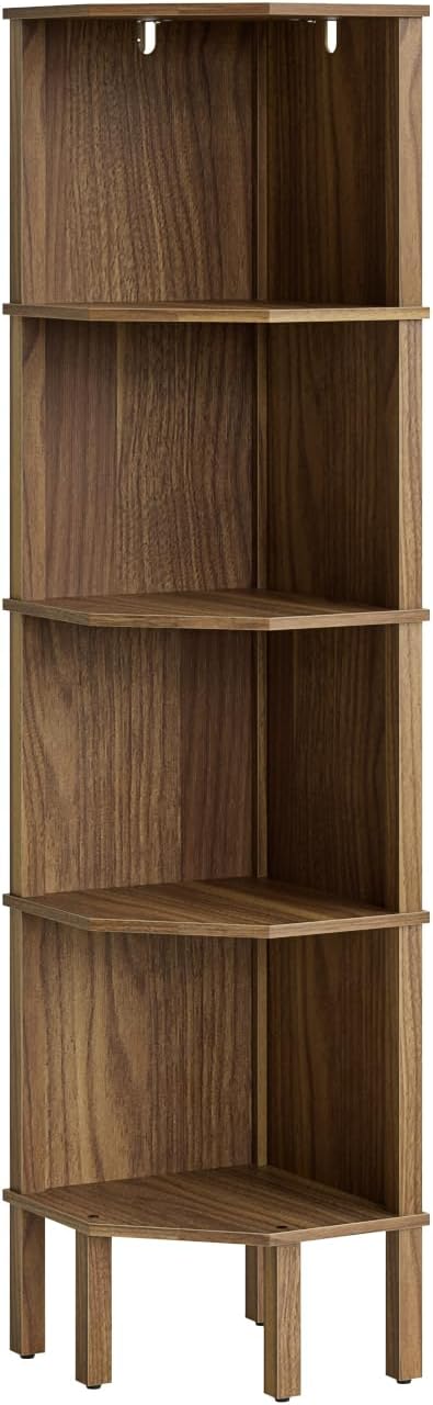 Corner Shelf, 5 Tier Corner Bookshelf, Display Corner Shelf Stand with Storage Rack, Wall Corner Bookshelf for Living Room, Bedroom, Office, Walnut