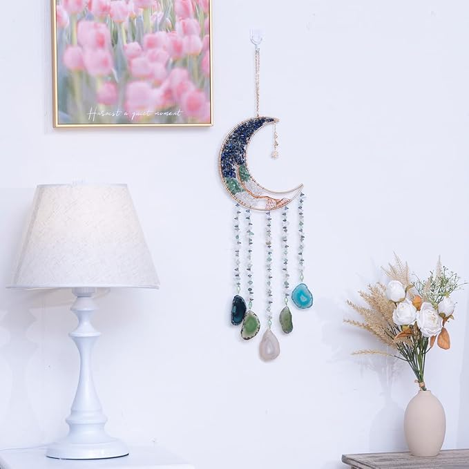 Boho Dream Catcher with Crystal Suncatcher, Handmade Dream Catchers for Adults Bedroom Decor, Moon Wall Hanging Bohemian Room Decor Spiritual Gift for Women