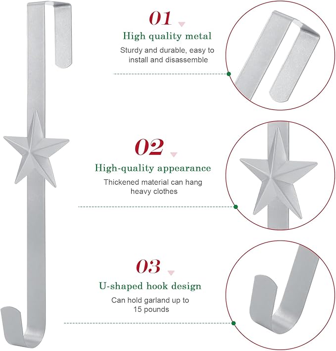 Wreath Hangers for Front Door,15" Sturdy Metal Wreath Doors Hangers,Over The Door Hooks for Front Porch Decor,Garland Hooks Holders for Halloween Christmas Decorations (Silver Star, 4 Pack)