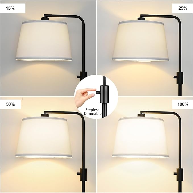 【Upgraded】 Dimmable Floor Lamp, 1000 Lumens LED Edison Bulb Included, Arc Black Floor Lamps for Living Room Modern Standing Lamp with White Shade, Tall Lamps for Living Room Bedroom Office Dining Room