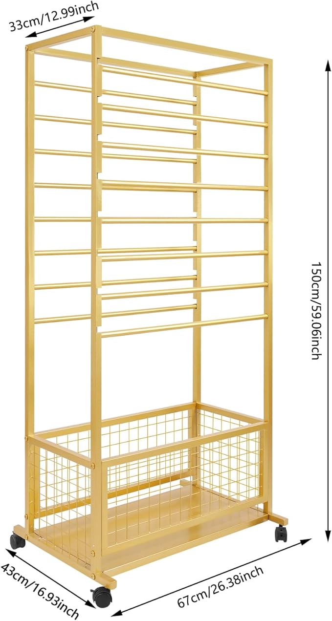 16-Layer Scarf Display Stand, Rolling Scarf Organizer Holder Hanging Rack with Wheels & Storage Basket for Retail Store Boutique Display Bedroom, W26.5*D16.9*H59in (Gold)