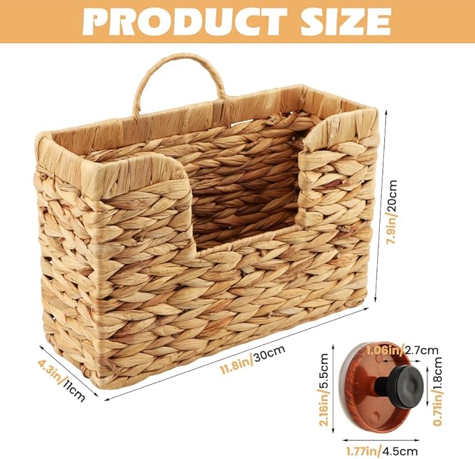 Hanging Magazine Basket, Handwoven Water Hyacinth Wall Magazine Holder with Handle for Books & Files, 11.8x4.3x7.9 Inch Water Hyacinth Farmhouse Storage Rack with Hook for Bathroom, Kitchen, Office