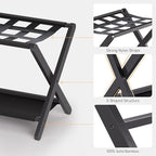 HITNET Luggage Rack for Guest Room, Suitcase Stand Folding Bedroom, Bamboo Hotel Luggage Holder with Fabric Storage Shelf and Nylon Straps, Black