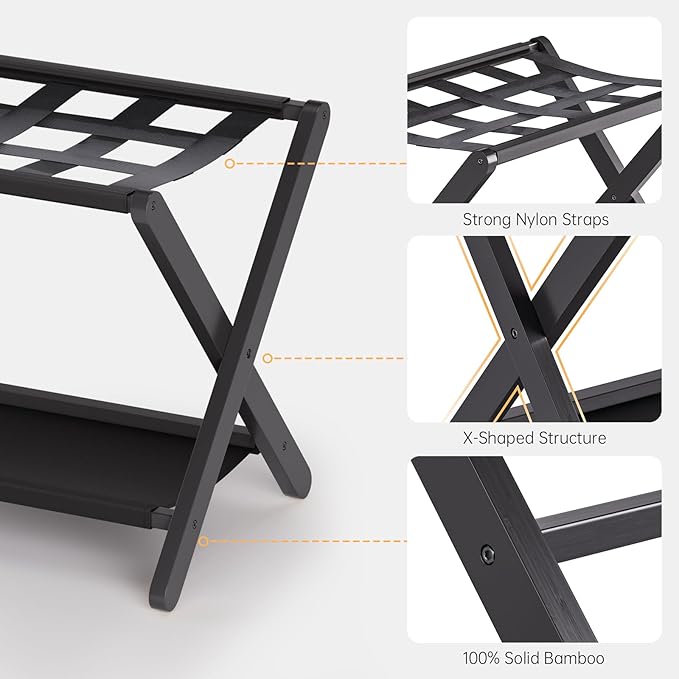 HITNET Luggage Rack for Guest Room, Suitcase Stand Folding Bedroom, Bamboo Hotel Luggage Holder with Fabric Storage Shelf and Nylon Straps, Black