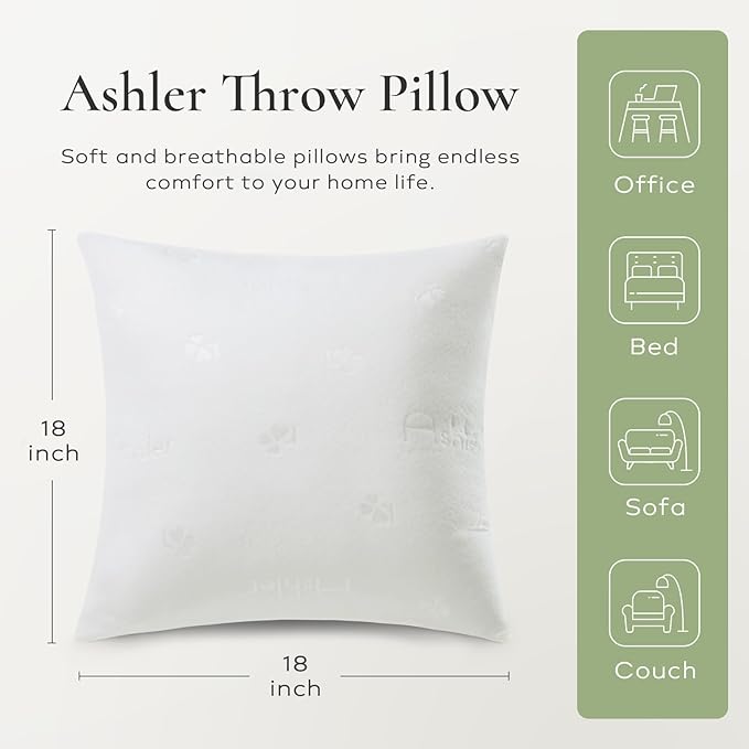 Ashler Throw Pillows Insert- 18x18 Pillow Inserts with Air Layer, Premium Bed and Couch Pillows - Indoor Decorative Throw Pillow, Square Cushion Sham Stuffer, Pack of 4, White