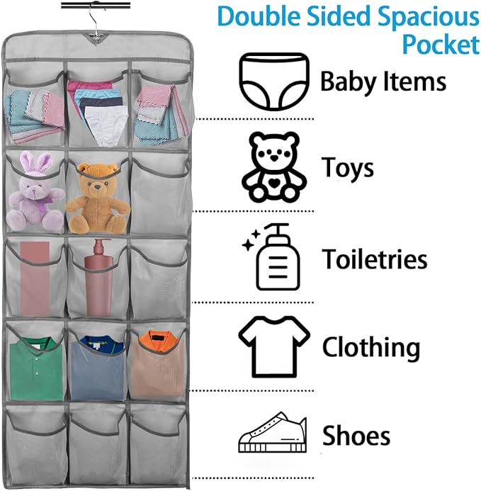 2Pcs 30 Large Pockets Dual Sided Hanging Shoe Organizer for Closet Shoe Storage Shelves with 360 Rotating Hanger Space Saving Storage Bag Hanging Shoe Rack for Bedroom Laundry Room,Gray