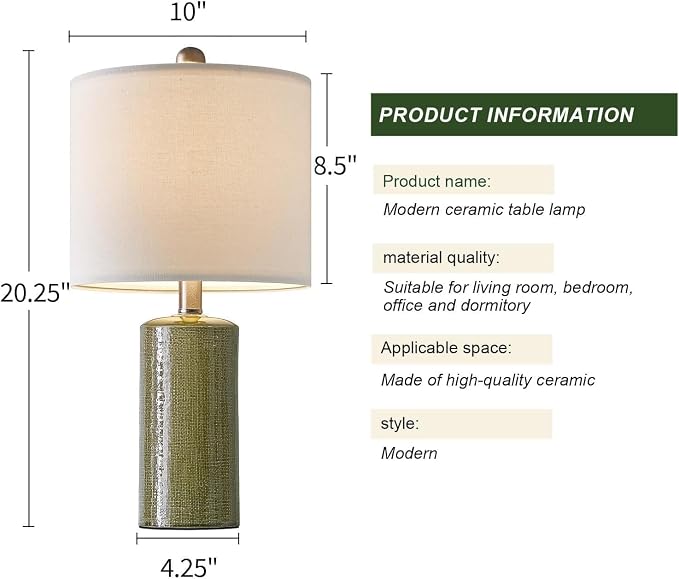 G-SAFAVA 20.25" Small Table Lamps Set of 2 Modern Ceramic Lamps for Living Room Farmhouse Bedside Lamps Boho Lamps for Night Stands Green Bedroom Lamps Side Table Lamps End Table Lamps