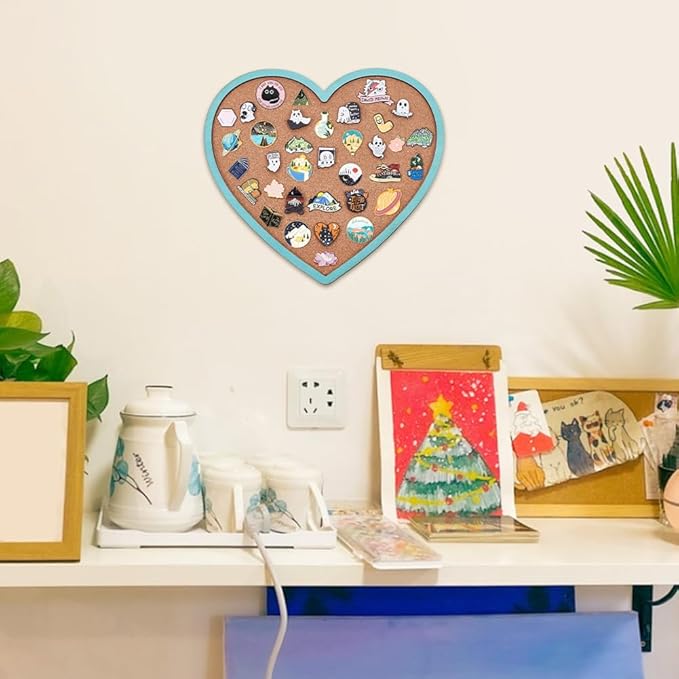 BENECREAT Light Sky Blue Heart Pin Cork Board, 10.6x11.8inch Bulletin Display Board Wall Mounted Cork Board for Brooch Pin Storage Display, Office Home and School Decor
