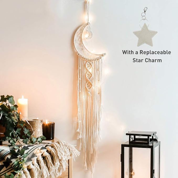 ANROYE Boho Macrame Woven Wall Hanging, Crochet Crescent Moon Star Dream Catcher with Long Tassel- White Cotton Handmade Bohemian Nursery Decor Decoration Art Craft for Kids Bedroom Dorm Room