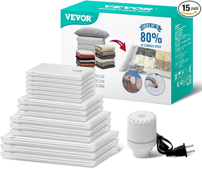 VEVOR Vacuum Storage Bags, 15 Pack Space Saver Seal Bag(3 Jumbo/3 Large/3 Medium/3 Small/3 Roll), Compression Airtight Zipper Space Bags with Electric Pump, for Cloth, Bedding, Blanket, Pillow, Travel