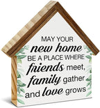 Housewarming Gifts, New House New Apartment Decor, Gifts for New Home Owner, Blessings House Shaped Wooden Block Sign Home Living Room Decor for Desk Table Shelf