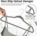 Premium Velvet Hangers 50 Pack Ultra Thin Non Slip Adult Felt Space Saving Slim Suit Hanger for Closet Heavy Duty Coat Pants Jackets Dress Hangers 360° Swivel Hook Hold Upto 10 lbs Gray