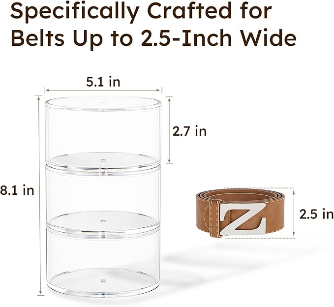 FEMELI Belt Organizer, Acrylic Belt Storage Holder for Closet & Drawer, 3-Layer Stackable Display Case for Belts, Watches, Jewelry and Ties